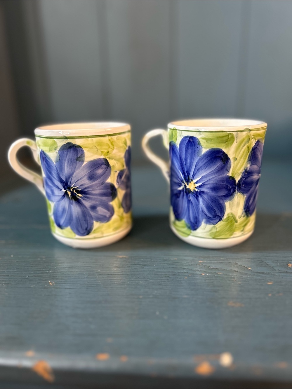 Hand Crafted Blue Floral White Ceramic Mugs with Green Leaf Accents | Set of 2